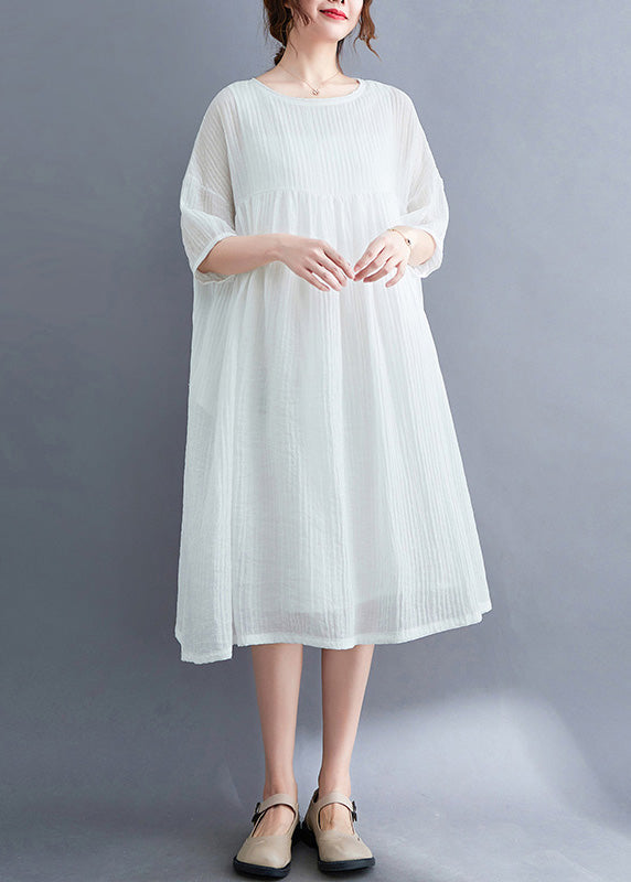French White O-neck Patchwork Maxi Dress Short Sleeve