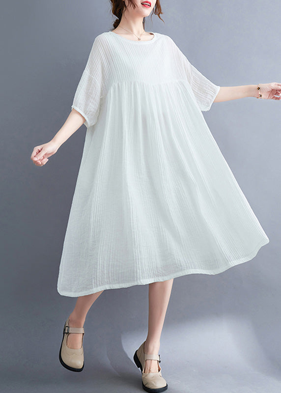 French White O-neck Patchwork Maxi Dress Short Sleeve