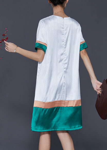 French White O-neck Patchwork Silk Dress Summer