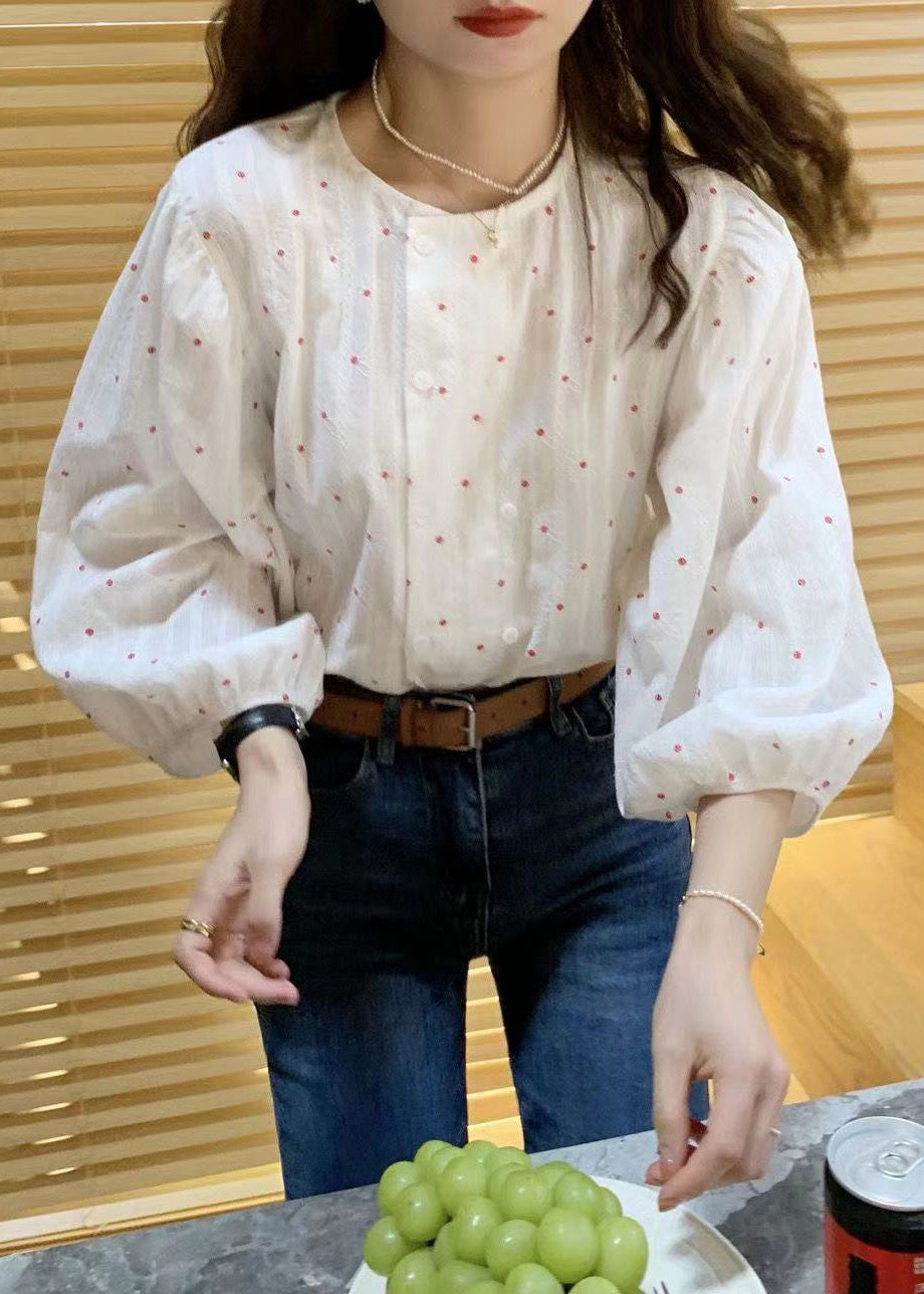 French White O-neck Print Button Cotton Shirts Lantern Sleeve