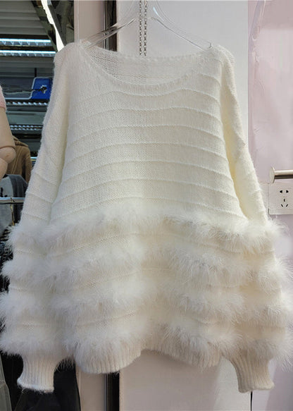 French White O-neck Rabbit Hair Cotton Knit Top Fall