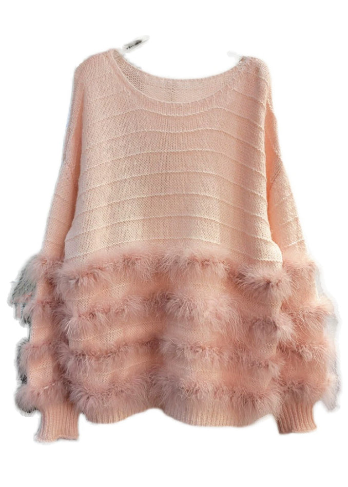 French White O-neck Rabbit Hair Cotton Knit Top Fall