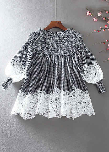 French White O-neck Wrinkled Patchwork Hollow Out Shirt Long Sleeve