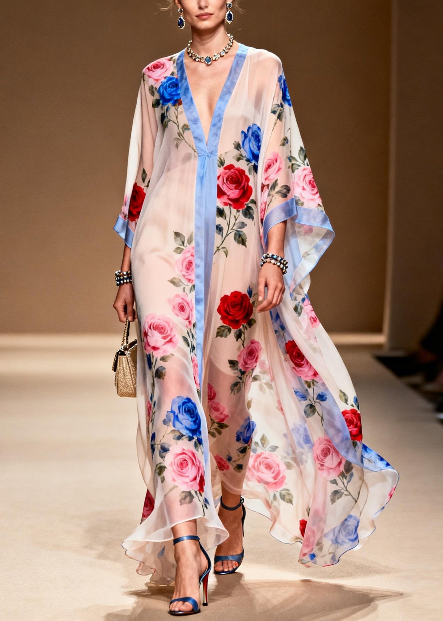 French White Oversized Print Chiffon Beach Dress Summer