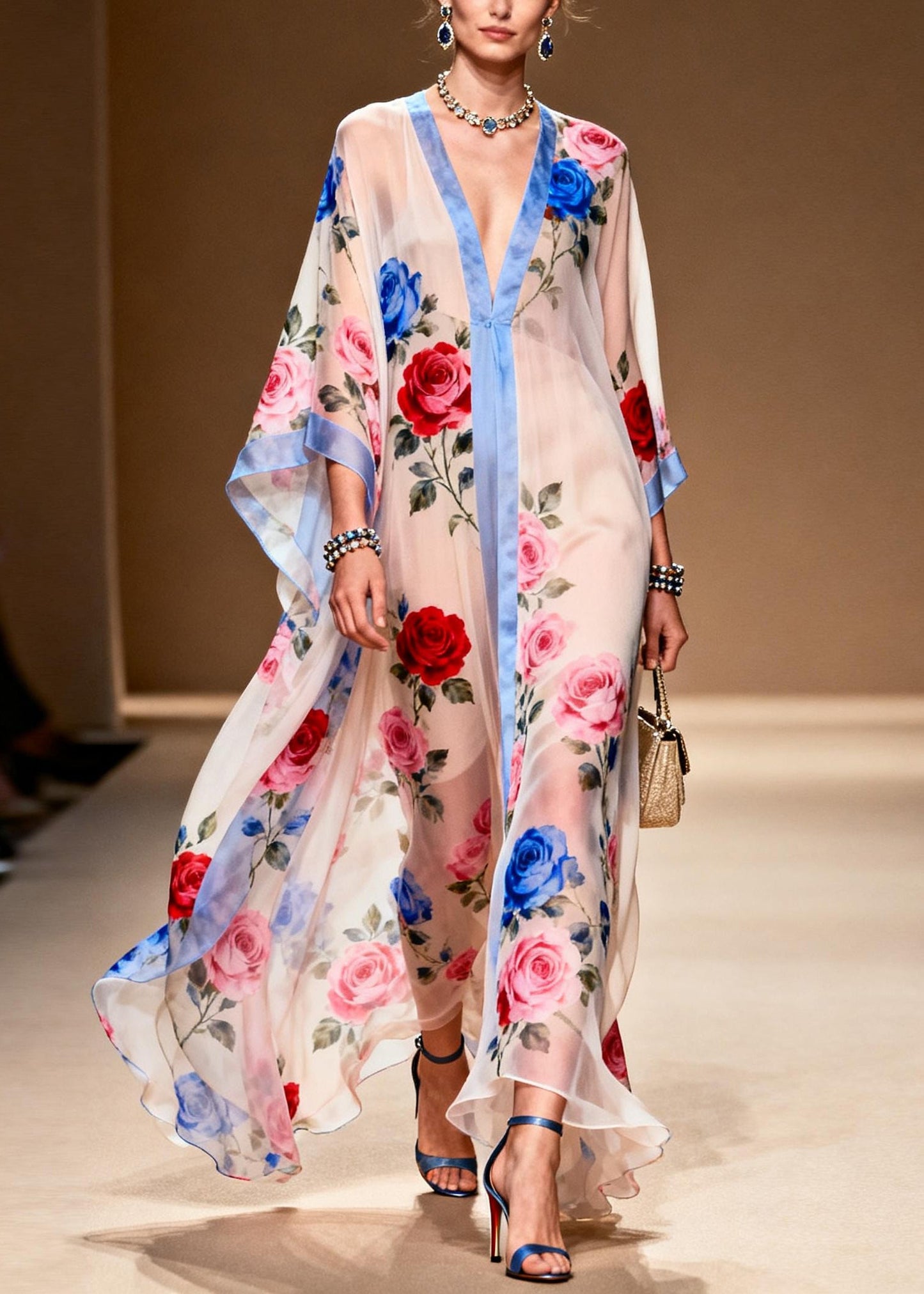French White Oversized Print Chiffon Beach Dress Summer