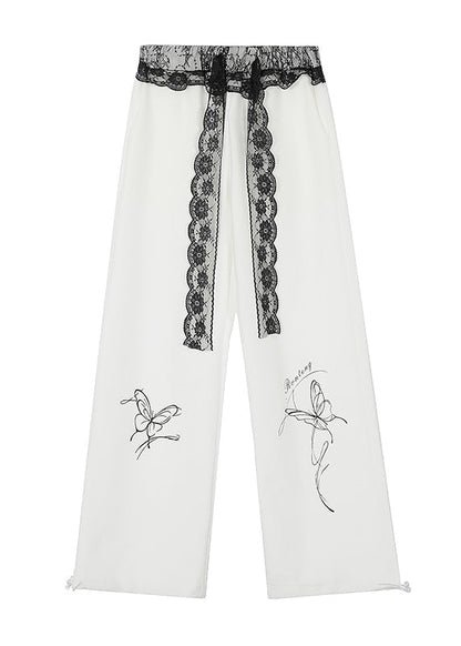 French White Print Patchwork Lace Wide Leg Pants Fall