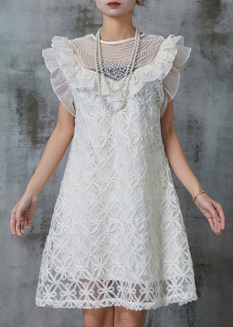 French White Stereoscopic Nail Bead Tulle Mid Dress Summer
