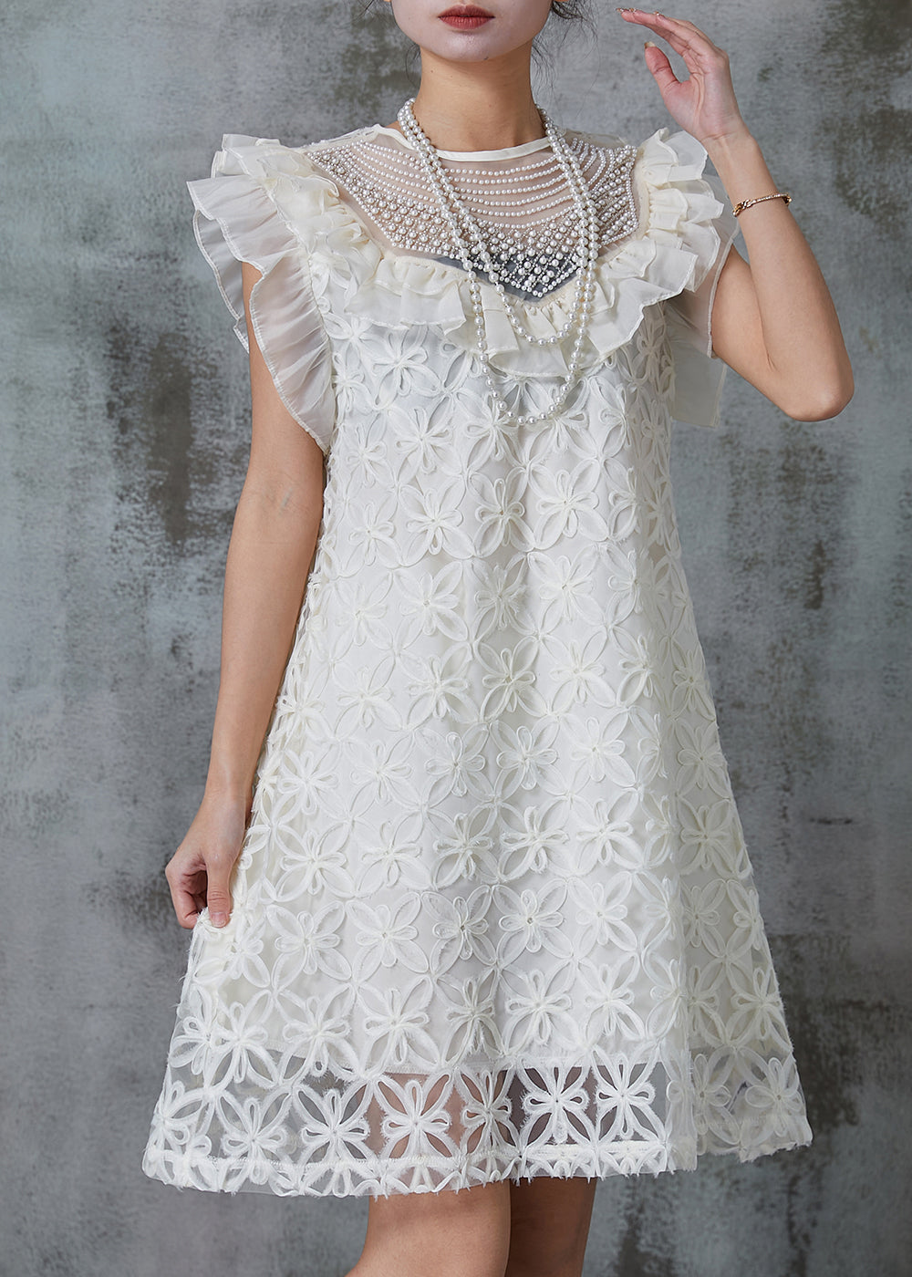 French White Stereoscopic Nail Bead Tulle Mid Dress Summer