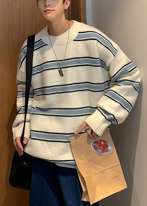 French White Striped Cozy Knit Sweaters Winter