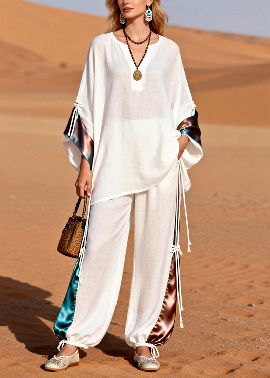 French White V Neck Drawstring Silk Patchwork Two Piece Set Spring