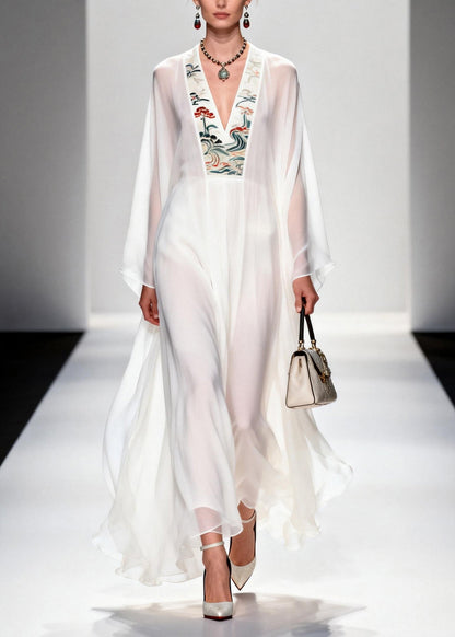 French White V Neck Print Chiffon Long Dresses Summer