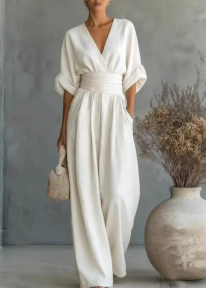 French White V Neck Silm Fit Linen Jumpsuit Summer