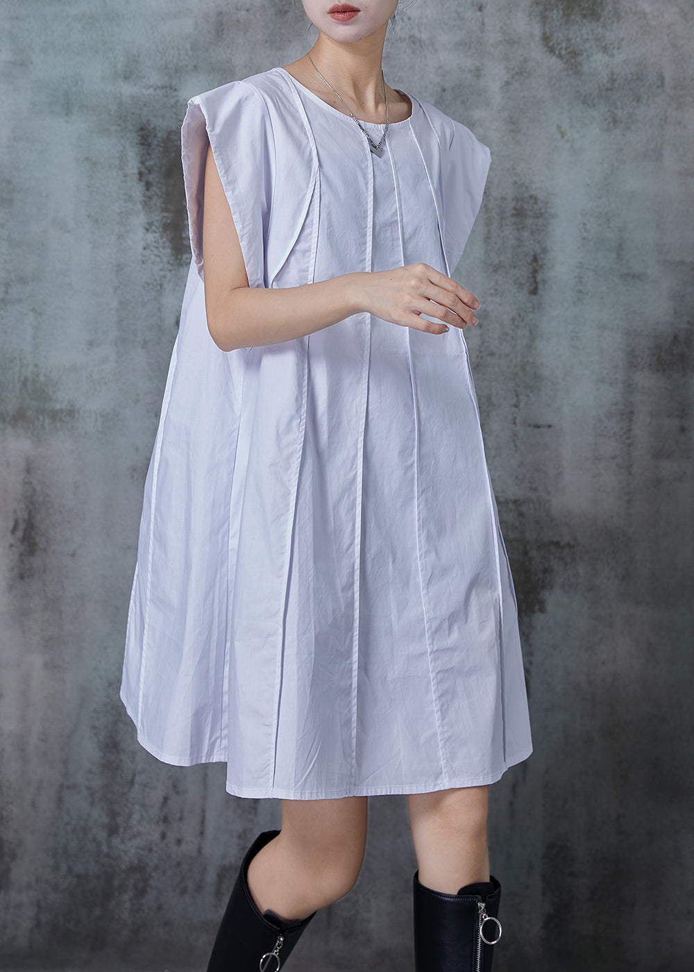 French White Wrinkled Cotton a Line Dress Summer