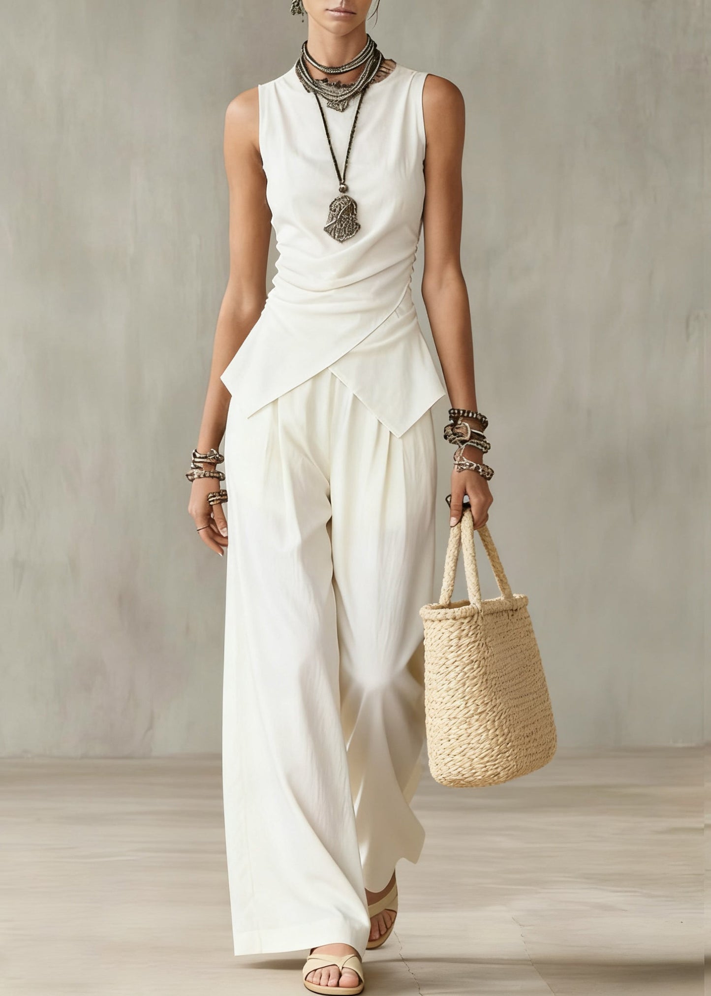 French White Wrinkled Tops and Wide Leg Pants Cotton Two Pieces Set Sleeveless