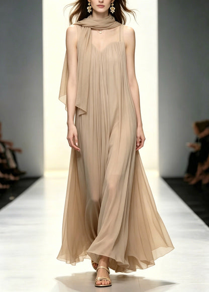 French Wrinkled Patchwork Vacation Long a Line Dresses Summer