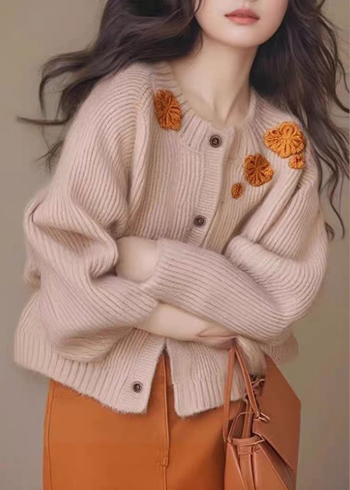 French Yellow Decorated Thick Knit Cardigan Winter
