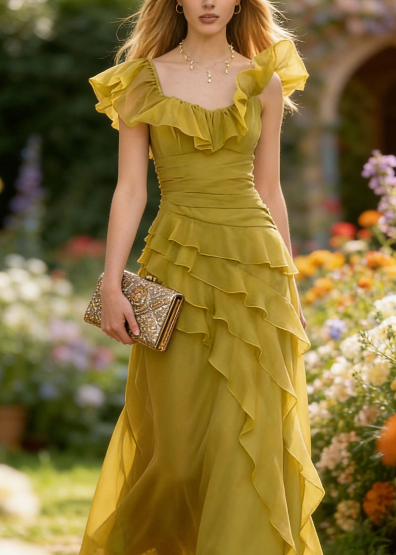 French Yellow Green Ruffled Patchwork Chiffon Dresses Summer