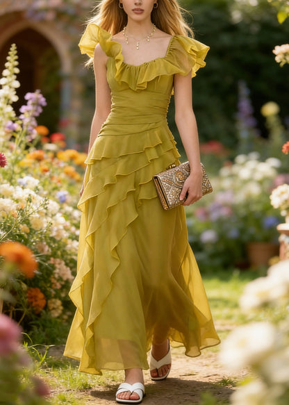 French Yellow Green Ruffled Patchwork Chiffon Dresses Summer