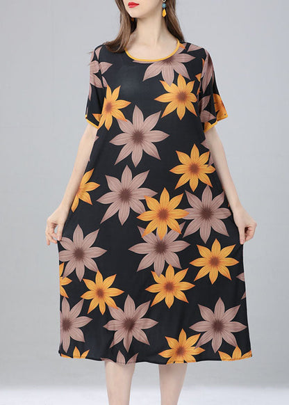 French Yellow O Neck Patchwork Cotton Dress Summer
