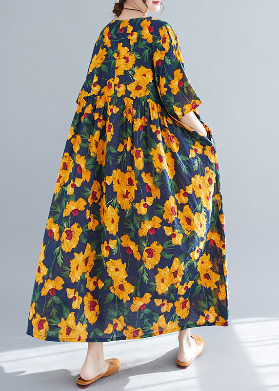 French Yellow O-neck Print Cotton Long Dresses Short Sleeve