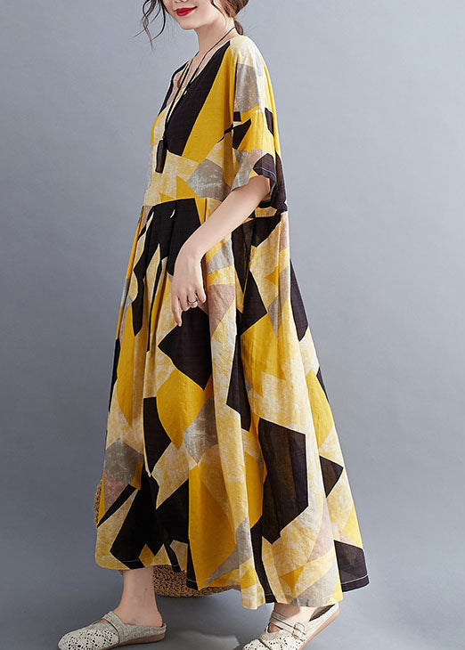 French Yellow O-neck Print Exra Large Hem Cotton Cinch Long Dress Short Sleeve