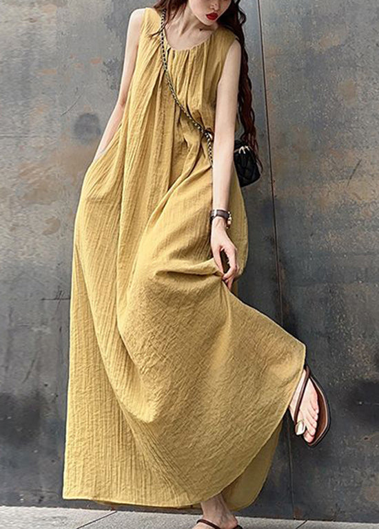 French Yellow O-neck Wrinkled Cotton Long Dress Sleeveless