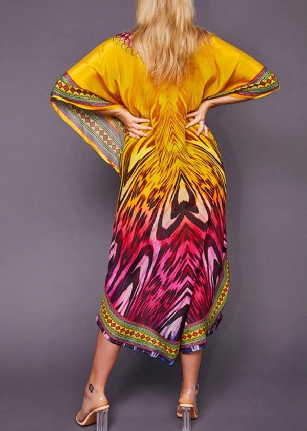 French Yellow Print Beach Gown Summer Dress