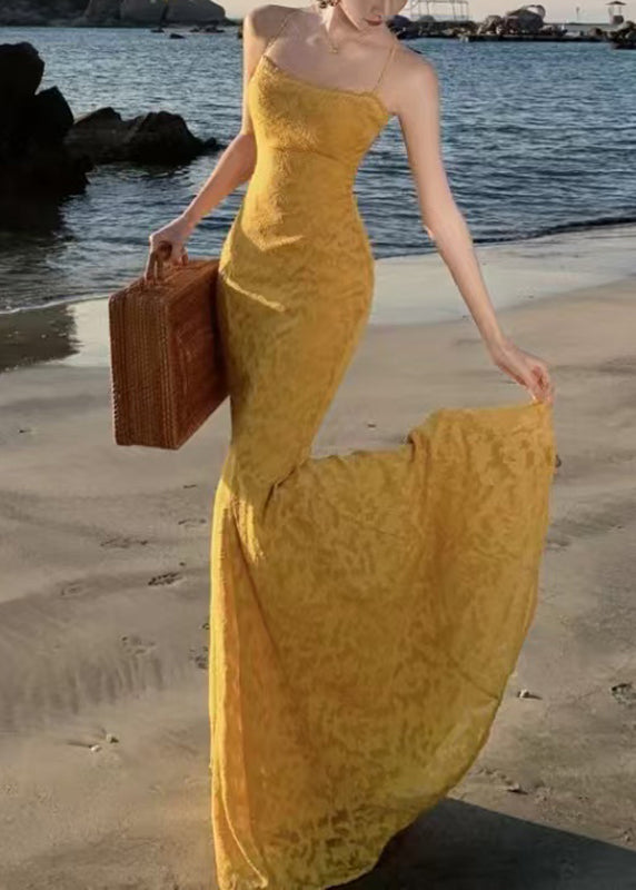 French Yellow Print Maxi Spaghetti Strap Fishtail Dress Sleeveless