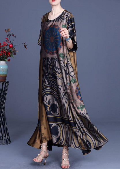 French Yellow Print Silk O-neck Summer Long Dress
