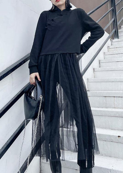 French Black Tunics Stand Collar Patchwork Tulle Spring Dresses