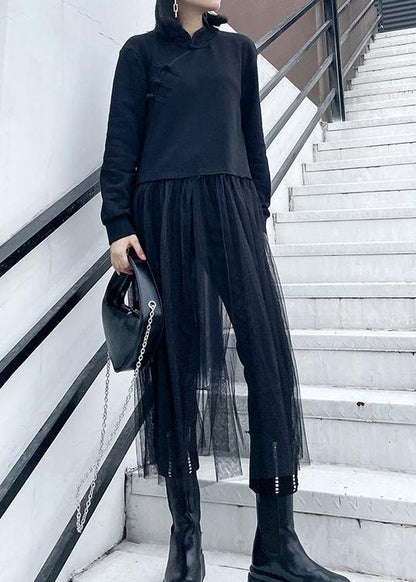 French Black Tunics Stand Collar Patchwork Tulle Spring Dresses