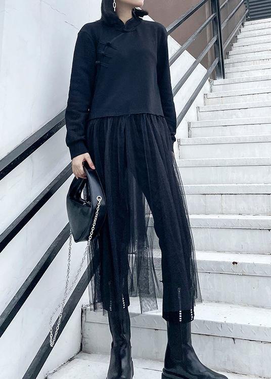 French Black Tunics Stand Collar Patchwork Tulle Spring Dresses