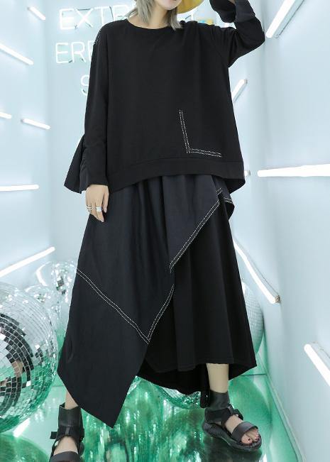 French Black Asymmetric Elastic Waist Skirt