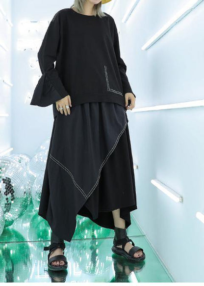 French Black Asymmetric Elastic Waist Skirt