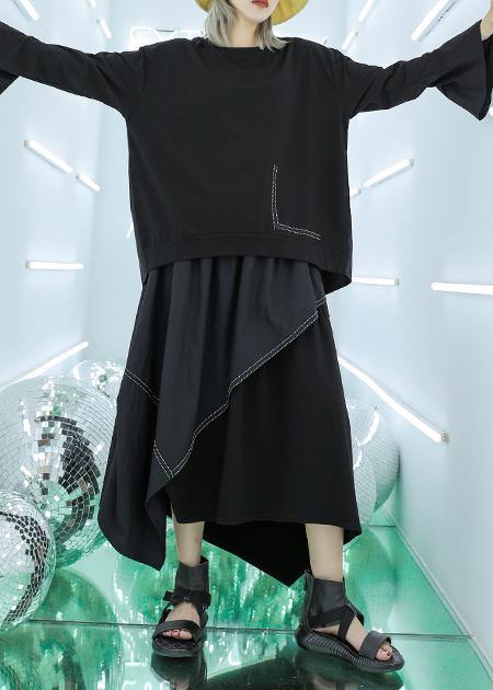 French Black Asymmetric Elastic Waist Skirt