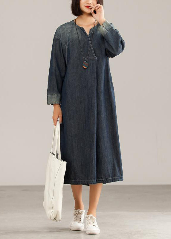 French Cotton Dresses V-neck Denim Blue Dress