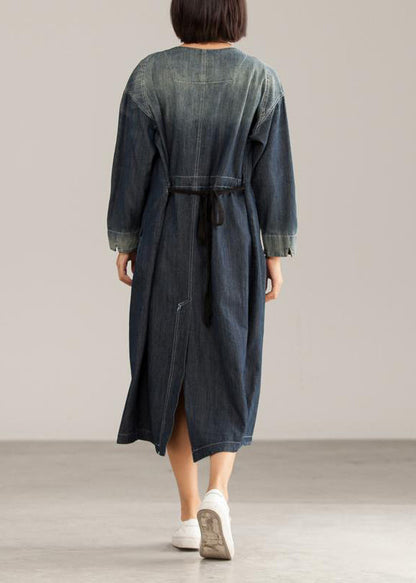 French Cotton Dresses V-neck Denim Blue Dress
