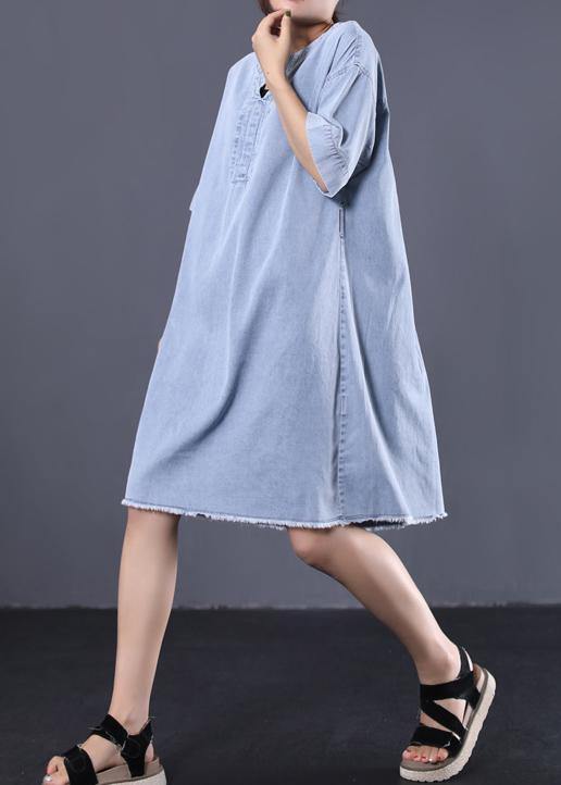 French Denim Blue Cotton Quilting Dresses V Neck Loose Summer Dress