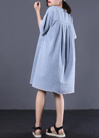 French Denim Blue Cotton Quilting Dresses V Neck Loose Summer Dress