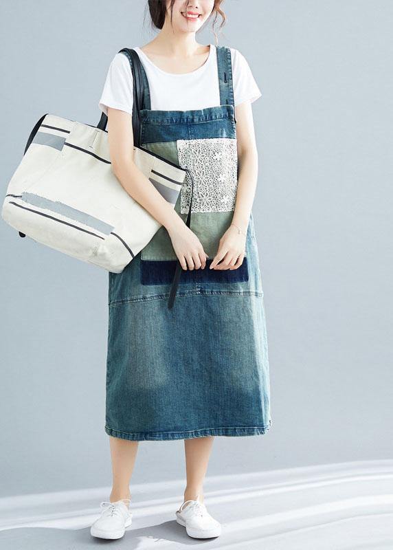 French Denim Blue Cotton Quilting Dresses Sleeveless Cotton Robes Summer Dress
