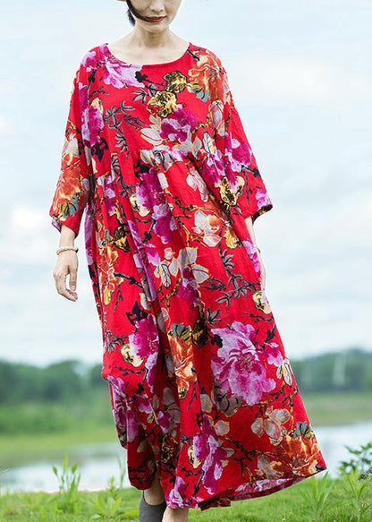French Red Print Linen Cotton Outfit Extra Large Hem Cinched Loose Summer Dress