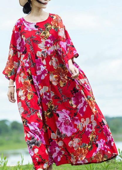 French Red Print Linen Cotton Outfit Extra Large Hem Cinched Loose Summer Dress