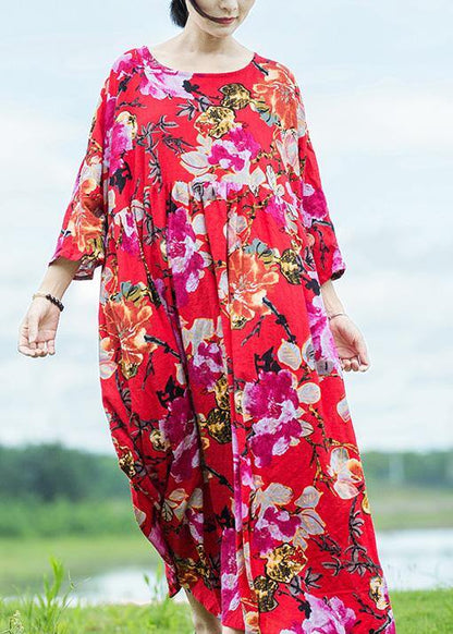French Red Print Linen Cotton Outfit Extra Large Hem Cinched Loose Summer Dress