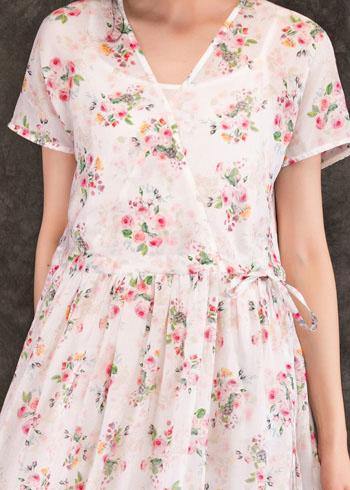 French V Neck Drawstring Linen Robes Tunic Tops Pink Print Dress Summer