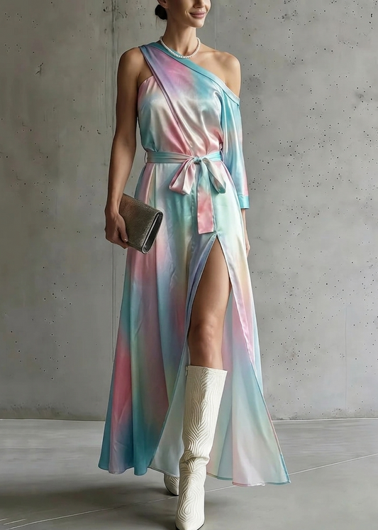 Rainbow Asymmetrical Patchwork Silk Maxi Dress Summer