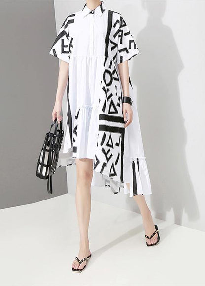 Geometric Printed Woman Summer Stylish White Midi Shirt Dress