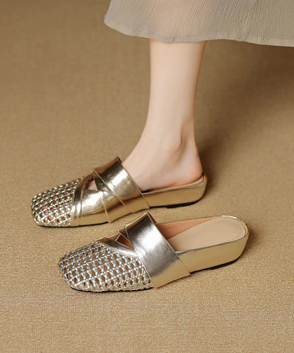 Gold Cowhide Leather Splicing Hollow Out Wedge Slide Sandals