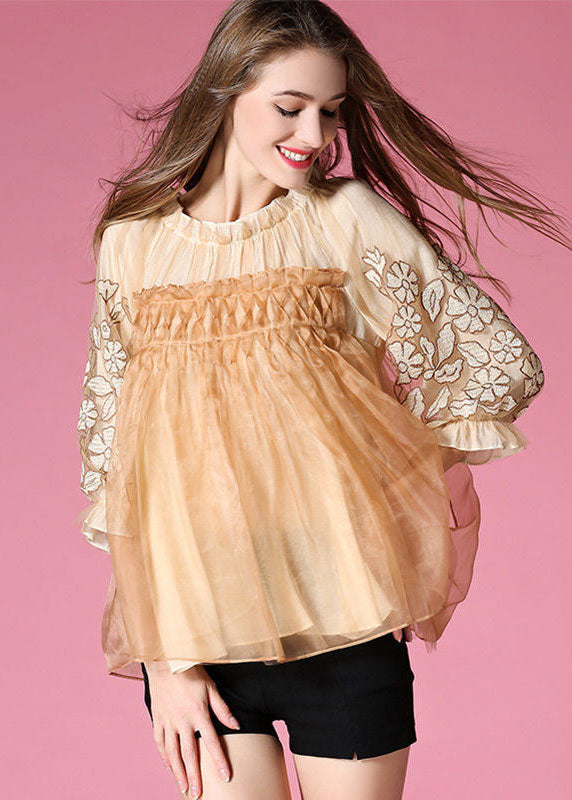 Golden Organza a Line Top Embroideried Wrinkled Half Sleeve