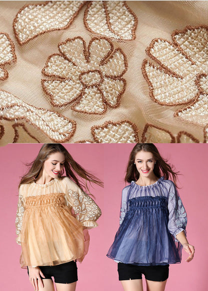 Golden Organza a Line Top Embroideried Wrinkled Half Sleeve