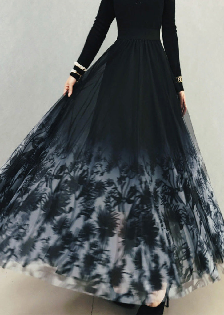 Gradient Color Black Print High Waist Tulle a Line Skirt Spring